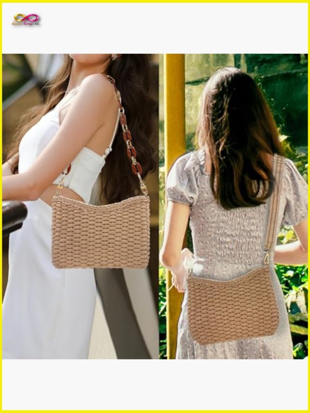 Straw Crossbody Bag Woven Shoulder Purse Beach Tote Summer Vacation Chain Strap - Picture 2 of 7